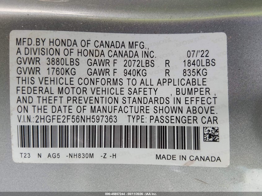 2022 Honda Civic(VIN: 2HGFE2F56NH597363