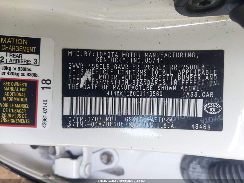 TOYOTA AVALON 2014 VIN 4T1BK1EB0EU113560