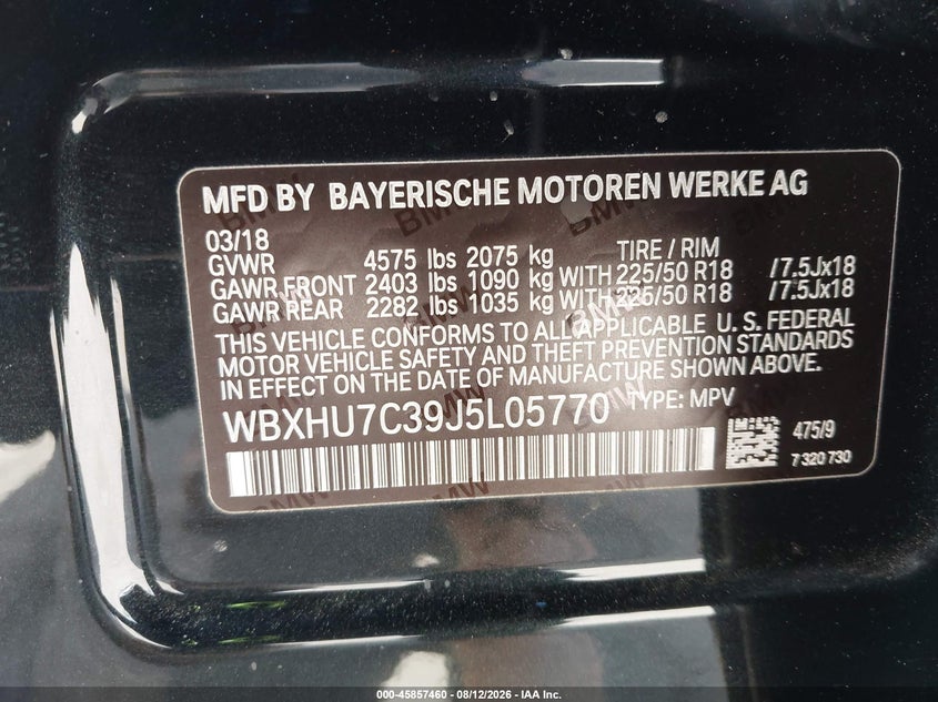 BMW X1 2018 VIN WBXHU7C39J5L05770