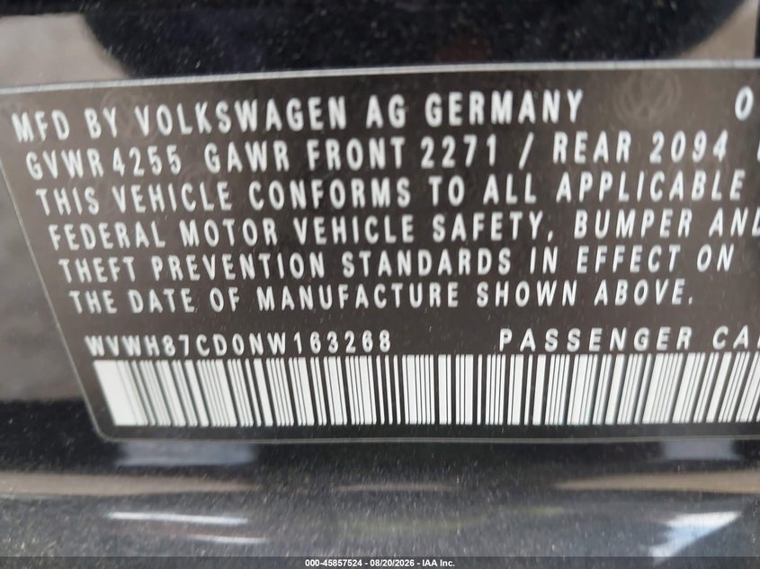 VOLKSWAGEN GOLF GTI 2022 VIN WVWH87CD0NW163268