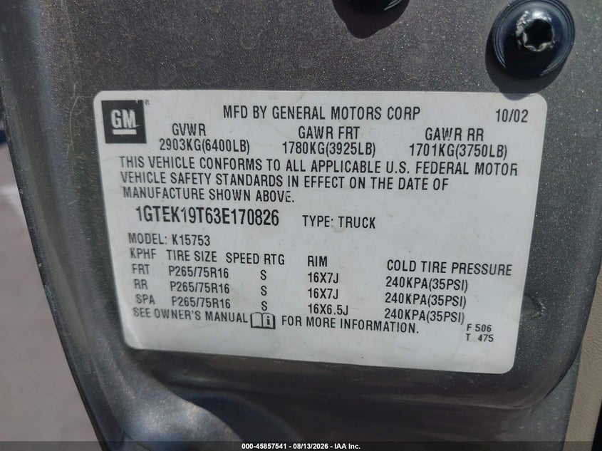 2003 GMC SIERRA PICKUP 5.3L V-8 285HP