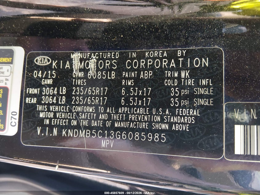 KIA SEDONA 2016 VIN KNDMB5C13G6085985