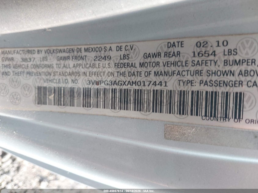 2010 VOLKSWAGEN BEETLE HATCHBACK 2.5L I-5 DOHC, VVT, 150HP