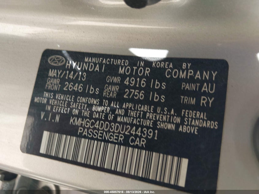 HYUNDAI GENESIS 2013 VIN KMHGC4DD3DU244391