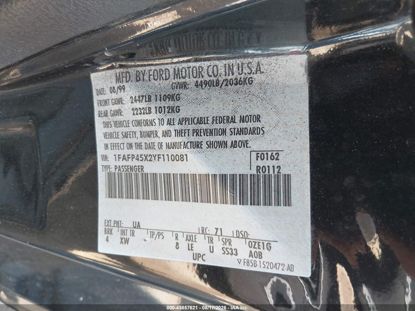 FORD MUSTANG 2000 VIN 1FAFP45X2YF110081