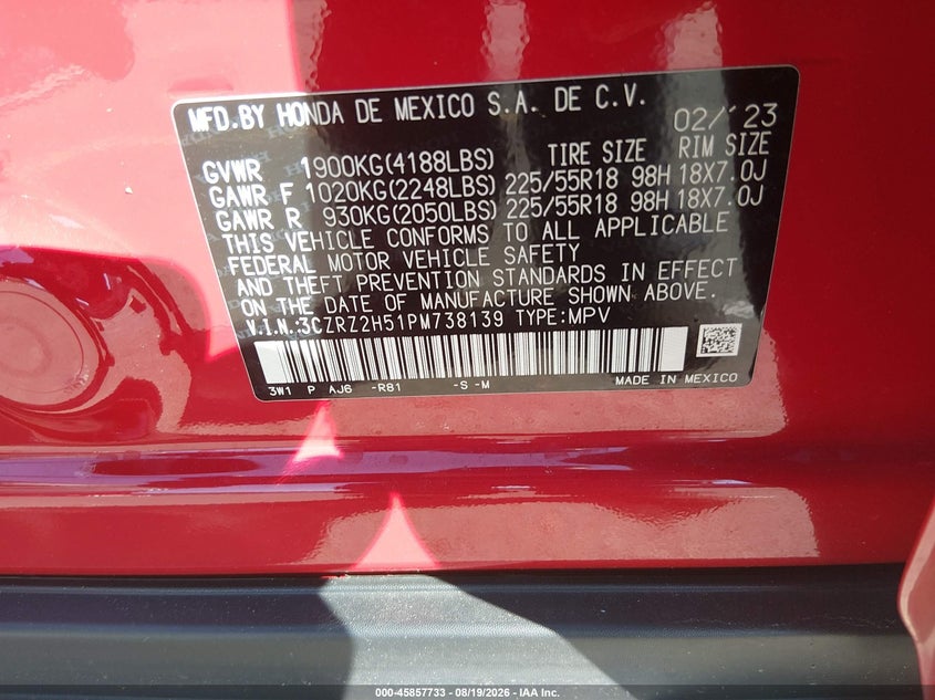 HONDA HR-V 2023 VIN 3CZRZ2H51PM738139