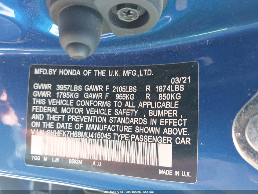 HONDA CIVIC 2021 VIN SHHFK7H68MU415045