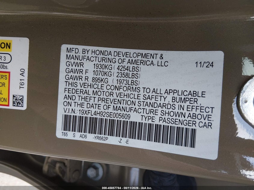 HONDA CIVIC HYBRID 2025 VIN 19XFL4H92SE005609