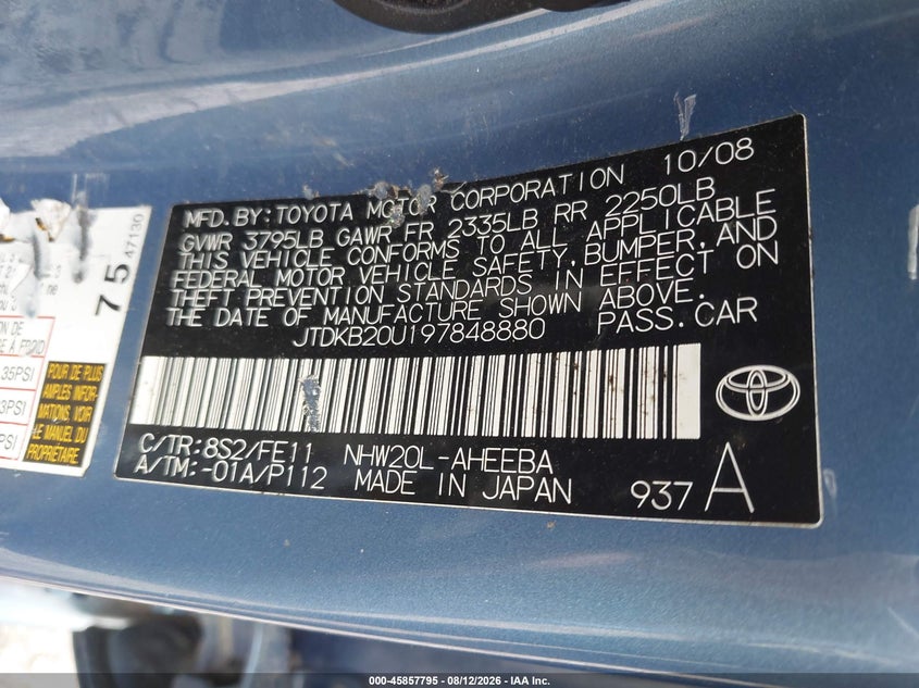 TOYOTA PRIUS 2009 VIN JTDKB20U197848880