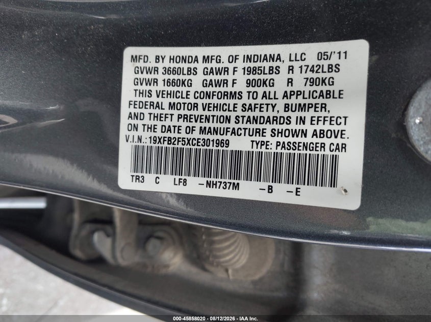 2012 HONDA CIVIC SEDAN 1.8L I-4 VVT, 140HP