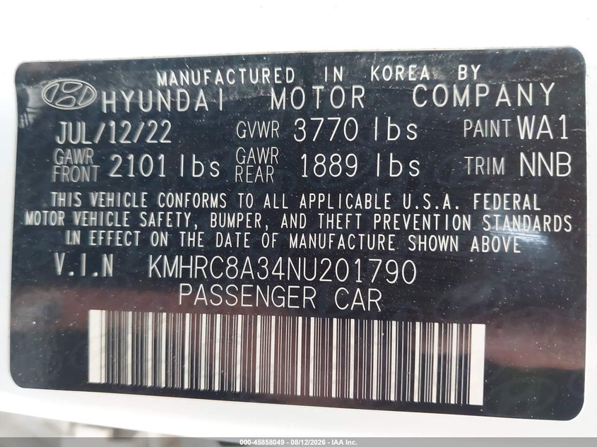 HYUNDAI VENUE 2022 VIN KMHRC8A34NU201790