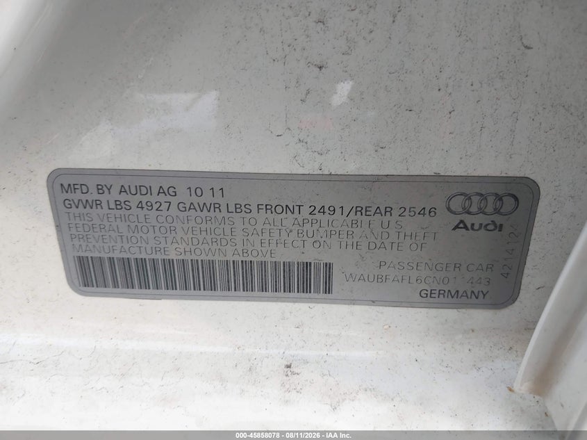 AUDI A4 2012 VIN WAUBFAFL6CN011443