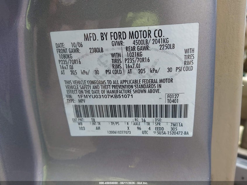 2007 FORD ESCAPE SPORT UTILITY VEHICLE 3.0L V-6 DOHC, 200HP