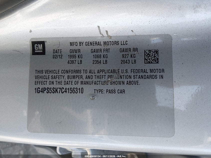 BUICK VERANO 2012 VIN 1G4PS5SK7C4156310