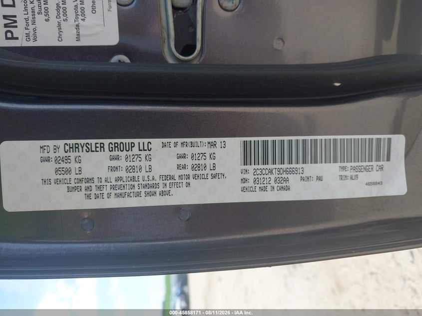 CHRYSLER 300C 2013 VIN 2C3CCAKT9DH666913