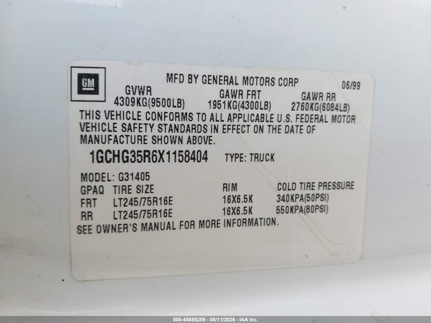 CHEVROLET EXPRESS 1999 VIN 1GCHG35R6X1158404