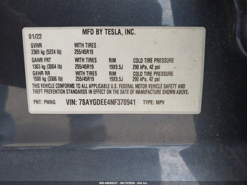TESLA MODEL Y 2022 VIN 7SAYGDEE4NF370941