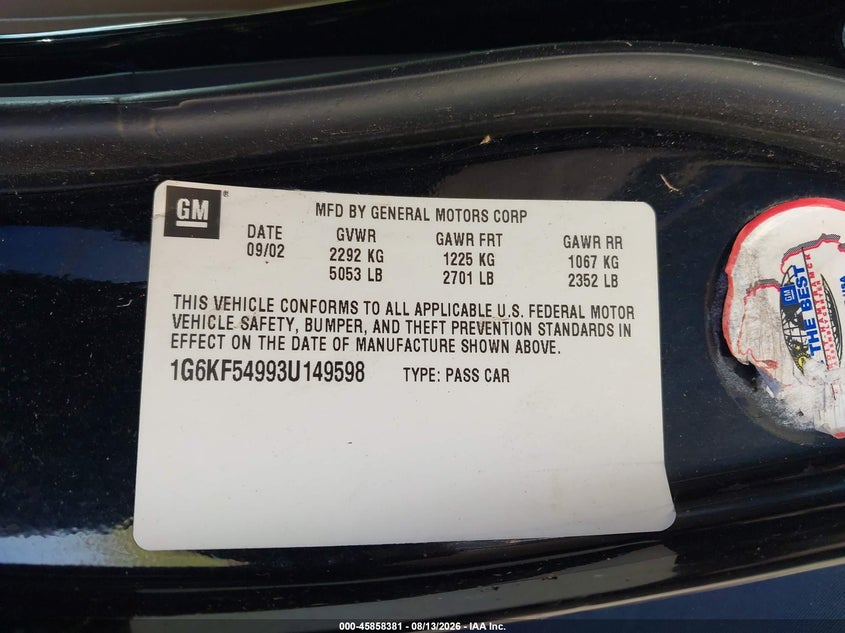 CADILLAC DEVILLE 2003 VIN 1G6KF54993U149598