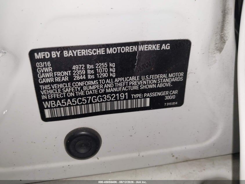 BMW 528I 2016 VIN WBA5A5C57GG352191