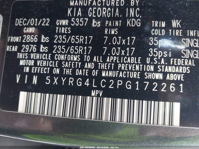 KIA SORENTO 2023 VIN 5XYRG4LC2PG172261