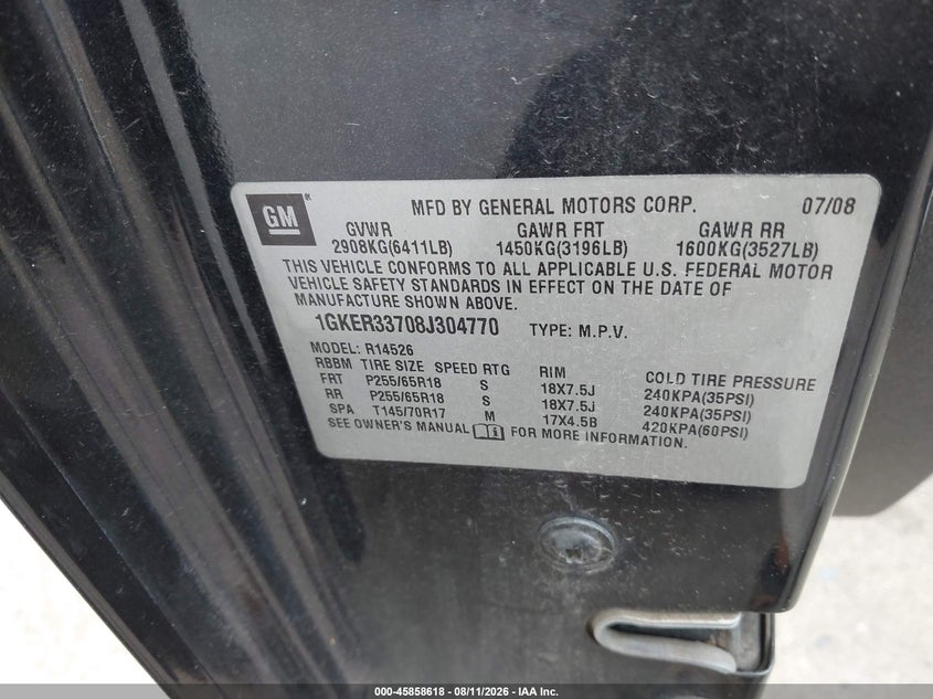 GMC ACADIA 2008 VIN 1GKER33708J304770