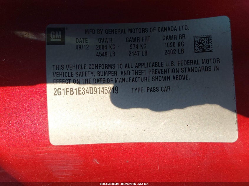 CHEVROLET CAMARO 2013 VIN 2G1FB1E34D9145219