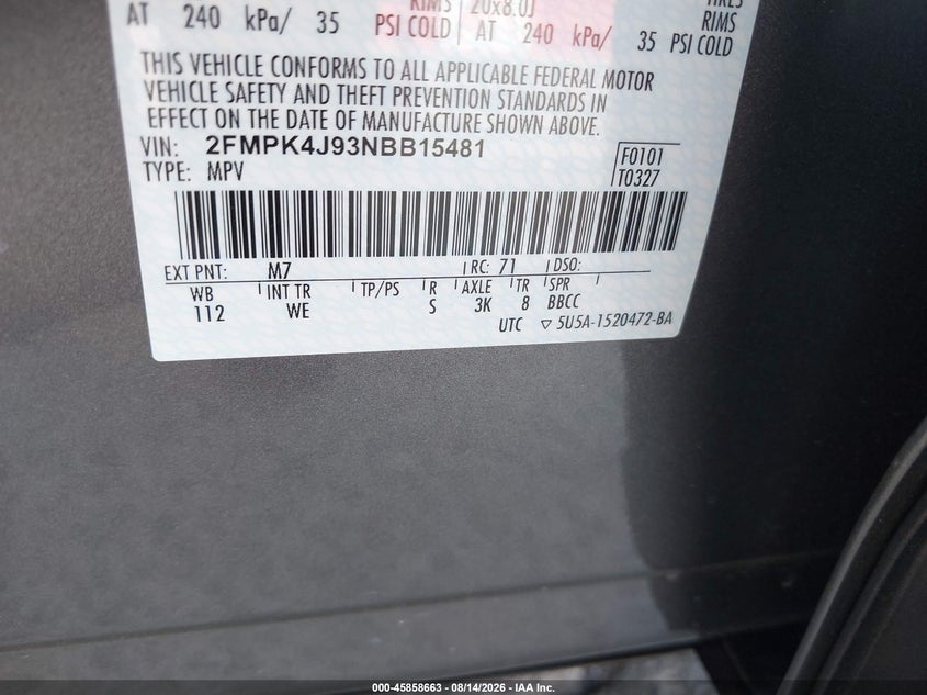 FORD EDGE 2022 VIN 2FMPK4J93NBB15481