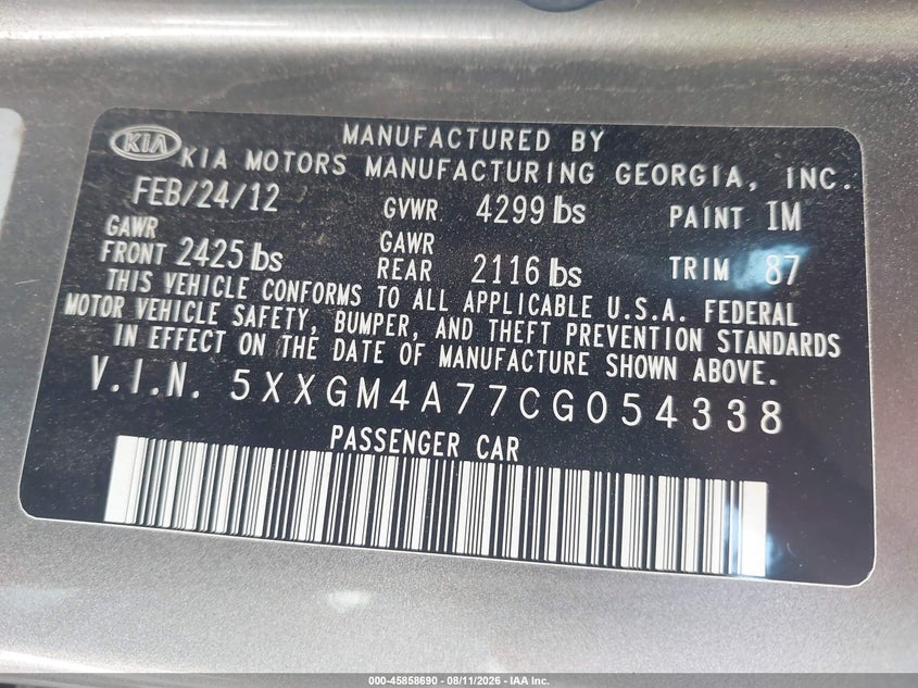 KIA OPTIMA 2012 VIN 5XXGM4A77CG054338
