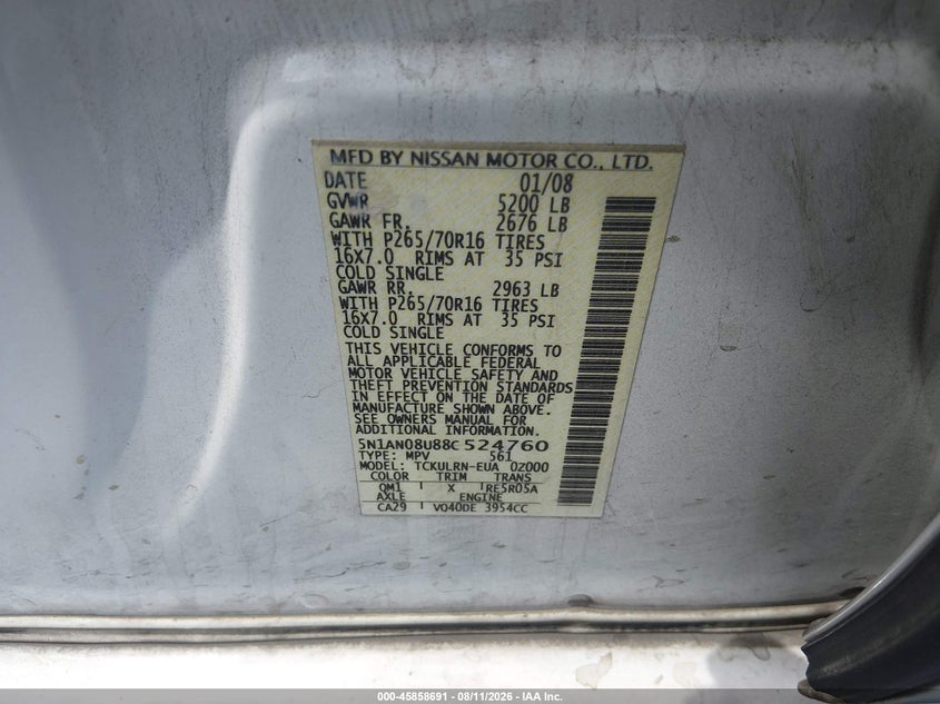 NISSAN XTERRA 2008 VIN 5N1AN08U88C524760