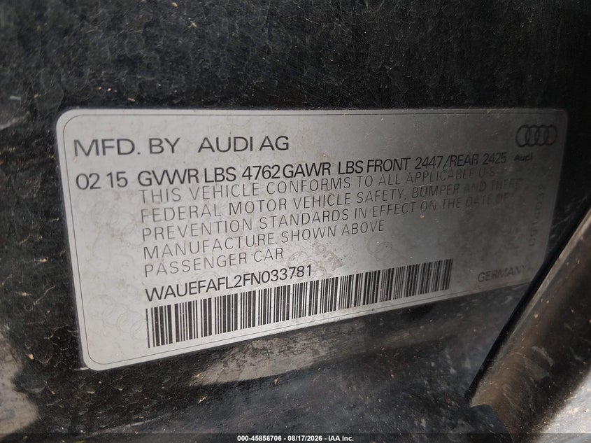 AUDI A4 2015 VIN WAUEFAFL2FN033781