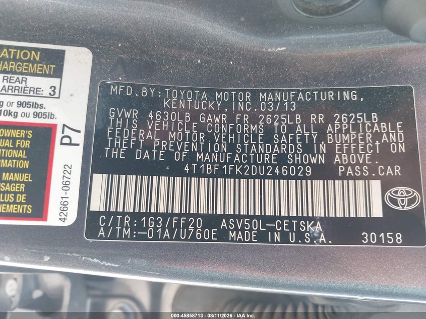 2013 TOYOTA CAMRY SEDAN 2.5L I-4 DOHC, VVT, 178HP