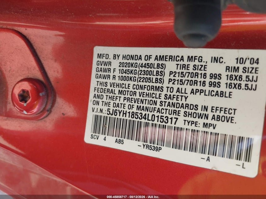 HONDA ELEMENT 2004 VIN 5J6YH18534L015317