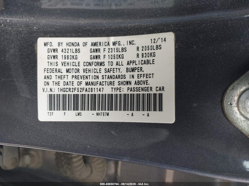 2015 HONDA ACCORD SEDAN 2.4L I-4 DI, DOHC, VVT, 189HP