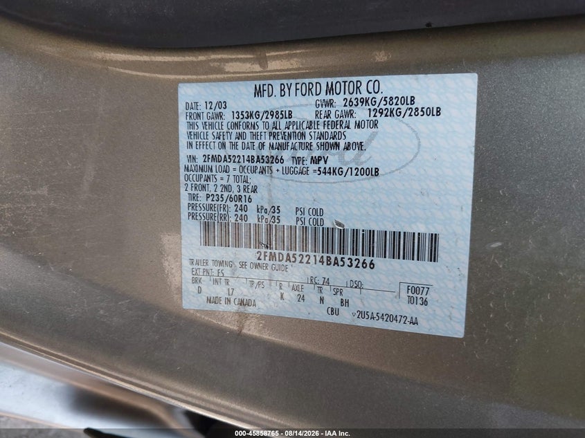 FORD FREESTAR 2004 VIN 2FMDA52214BA53266