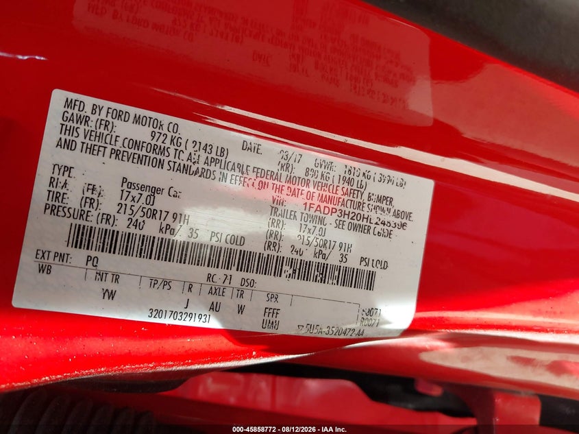 2017 FORD FOCUS SEDAN 2.0L I-4 DI, DOHC, VVT, 160HP
