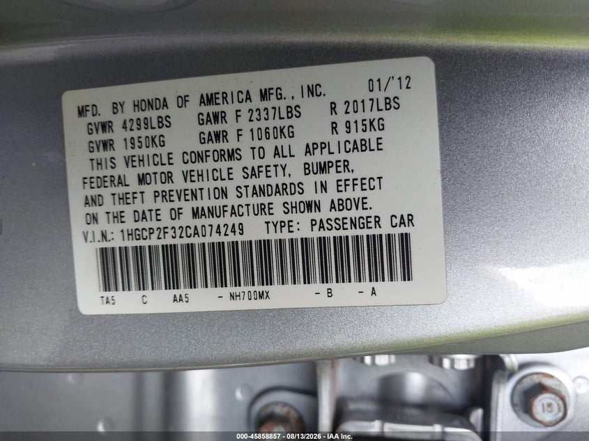 HONDA ACCORD SDN 2012 VIN 1HGCP2F32CA074249