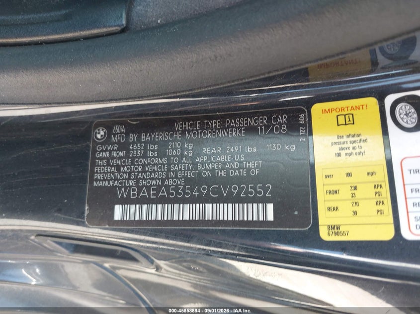 BMW 650I 2009 VIN WBAEA53549CV92552