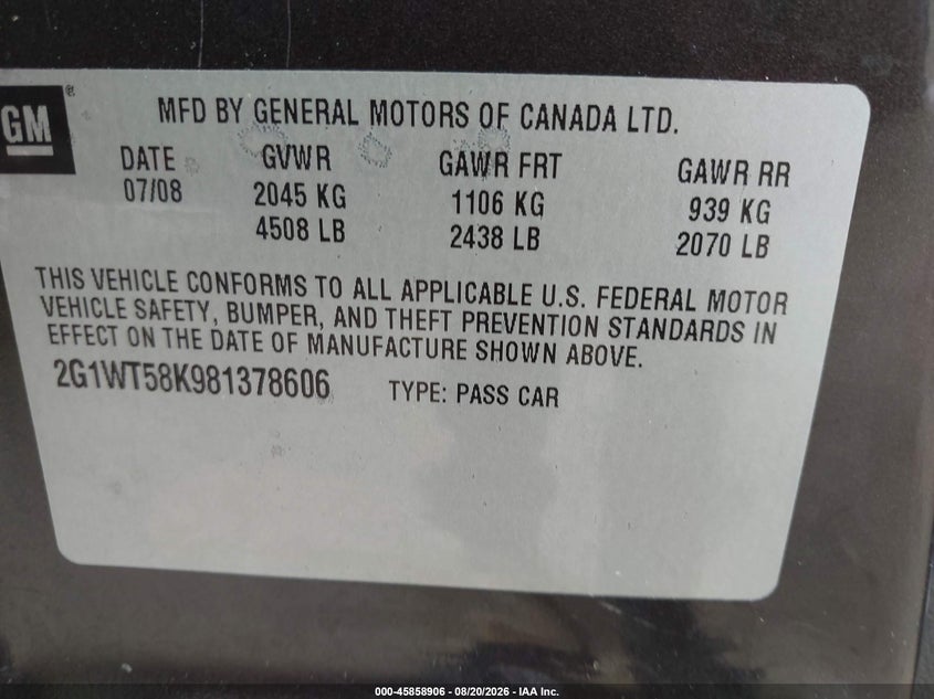 2008 CHEVROLET IMPALA SEDAN 3.5L V-6 VVT, 211HP