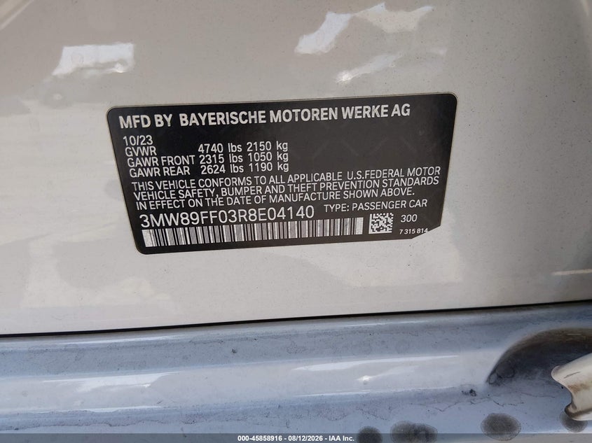 BMW 330I 2024 VIN 3MW89FF03R8E04140