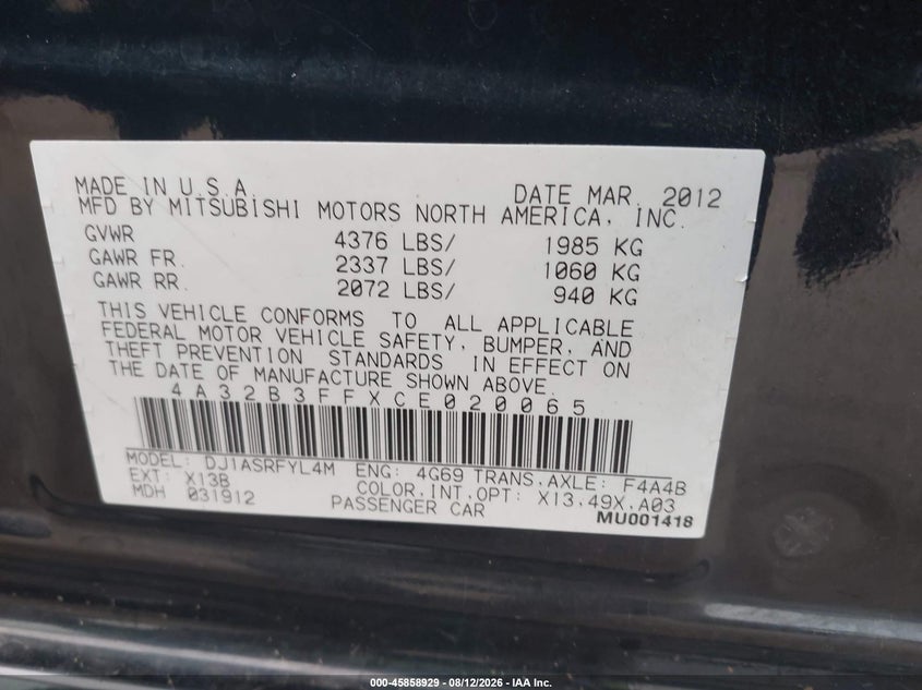 MITSUBISHI GALANT 2012 VIN 4A32B3FFXCE020065