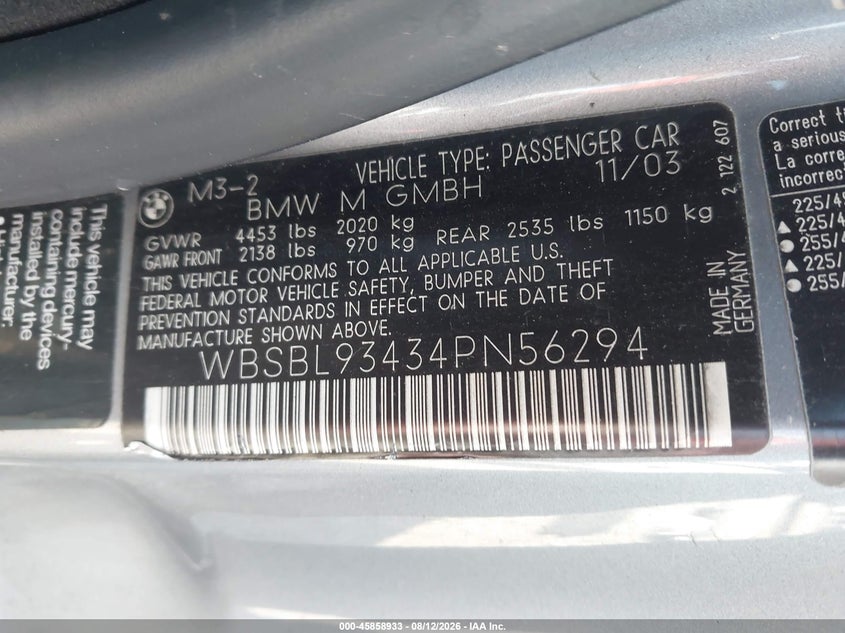 BMW M3 2004 VIN WBSBL93434PN56294