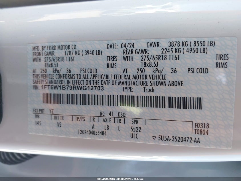 Vin: 1ft6w1b79rwg12703, lot: 46357879, ford f-150 lightning pro 20244