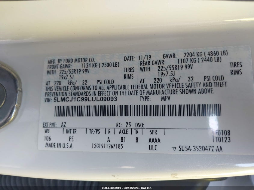 LINCOLN CORSAIR 2020 VIN 5LMCJ1C99LUL09093