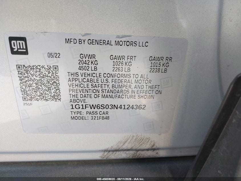 CHEVROLET BOLT EV 2022 VIN 1G1FW6S03N4124362