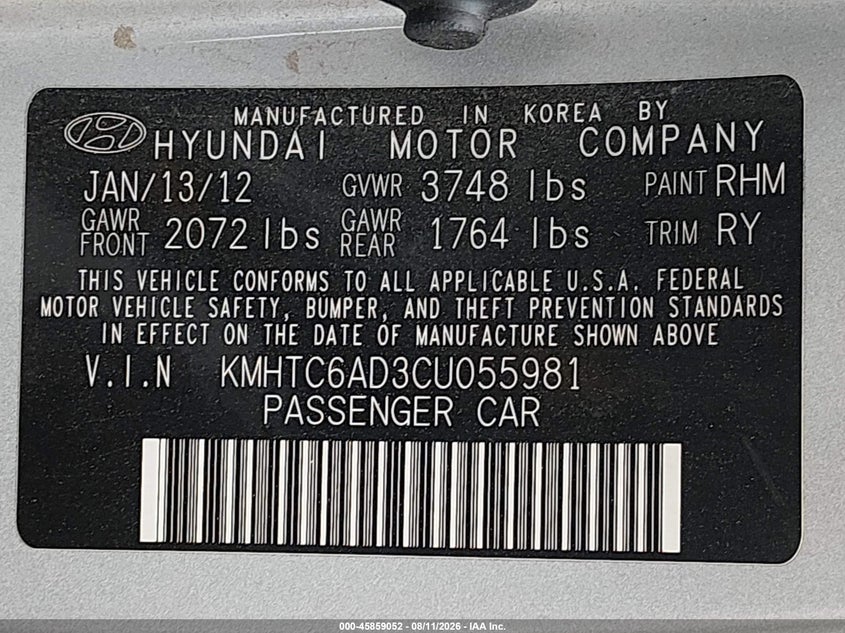 HYUNDAI VELOSTER 2012 VIN KMHTC6AD3CU055981