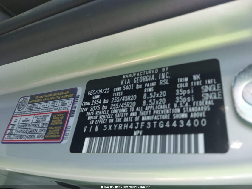 KIA SORENTO 2026 VIN 5XYRH4JF3TG443400