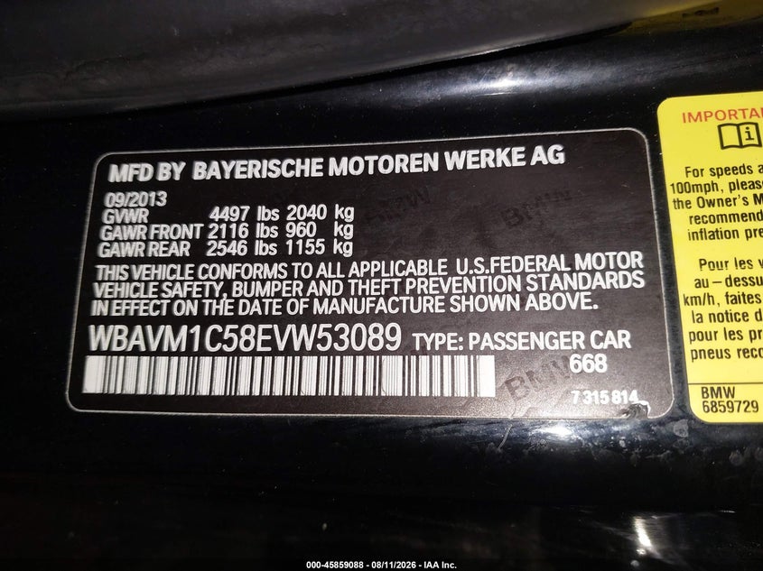 BMW X1 2014 VIN WBAVM1C58EVW53089