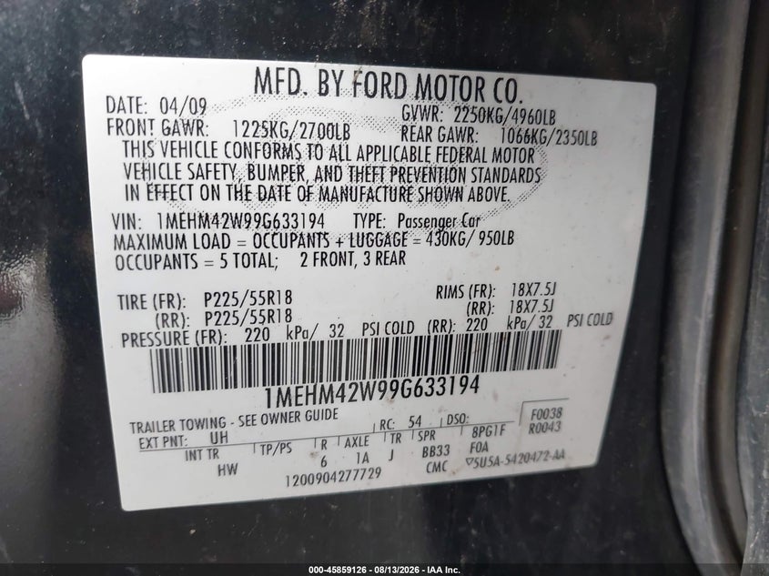 2009 MERCURY SABLE SEDAN 3.5L V-6 DOHC, VVT, 263HP