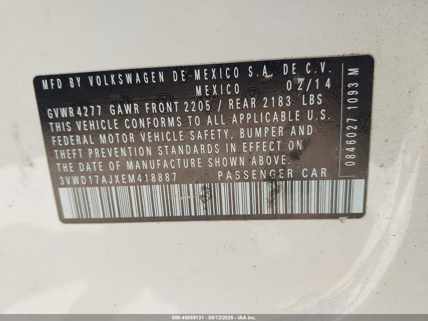 VOLKSWAGEN JETTA 2014 VIN 3VWD17AJXEM418887
