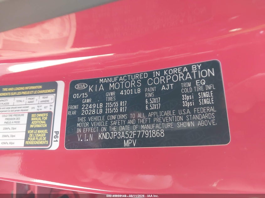 KIA SOUL 2015 VIN KNDJP3A52F7791868